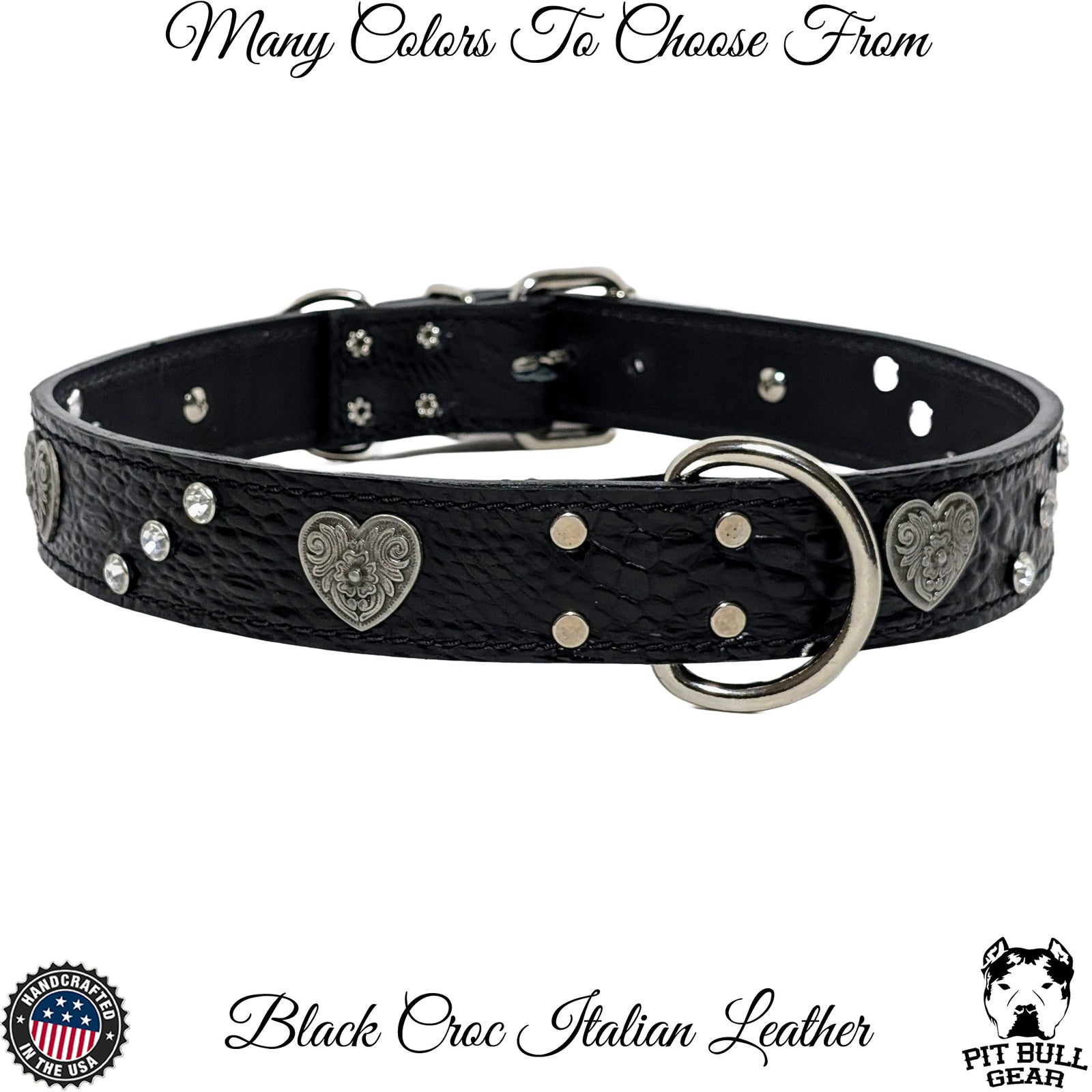 V7 - Collar de cuero con corazones y gemas de 1 1/2"