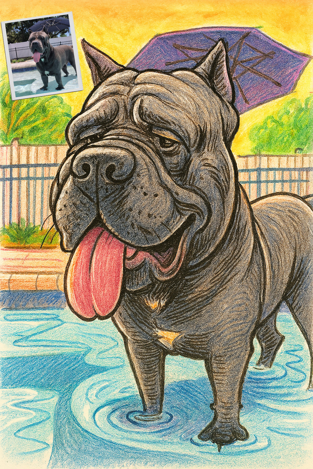 Custom Color Caricature of Your Pet – 90s Theme Park Style