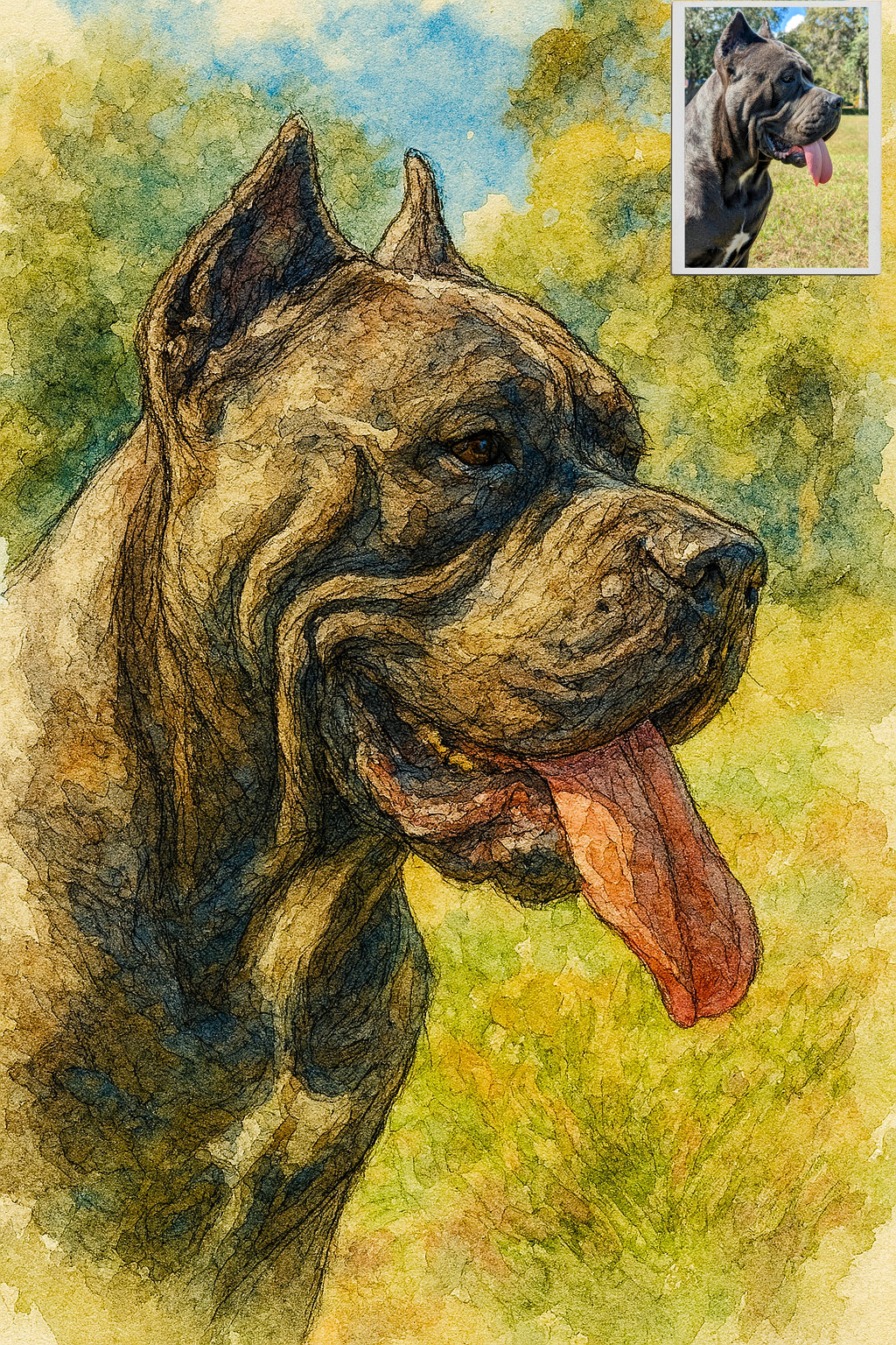 Custom Watercolor & Ink Pet Portrait – Hand-Rendered Digital Art of Your Dog