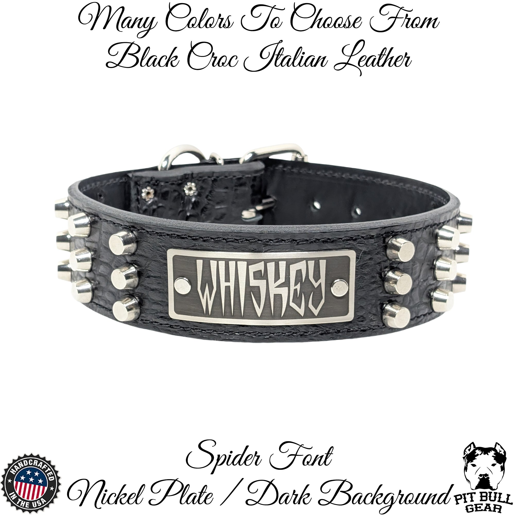 W48 - Coleira de cachorro de couro cravejada com placa de nome personalizada de 2 pol.