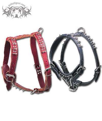 2-Ply Latigo Leather Dog Harness w/Spikes & Studs - 1