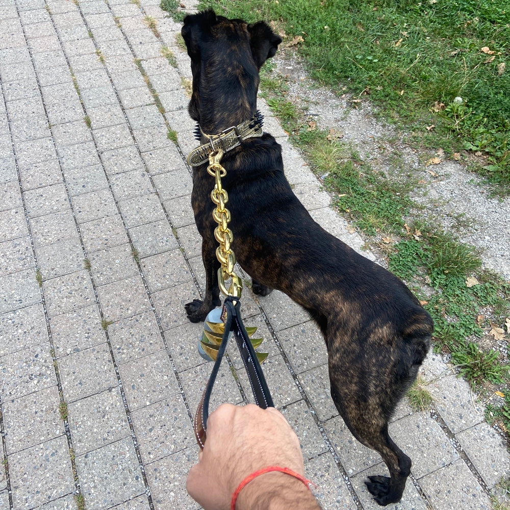 Spiked Leather Handle Super Heavy Gold Chain Lead #3 - 30"