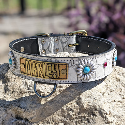 Leather Dog Collar Personalized Name Plate Daisies Gems 1.5" - VN4