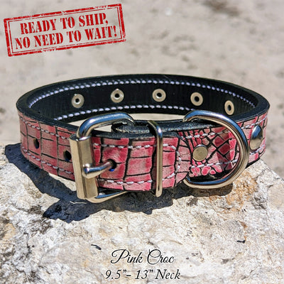 *1" Wide Pink Croc Studded Leather Dog Collar (9.5"-13") Neck