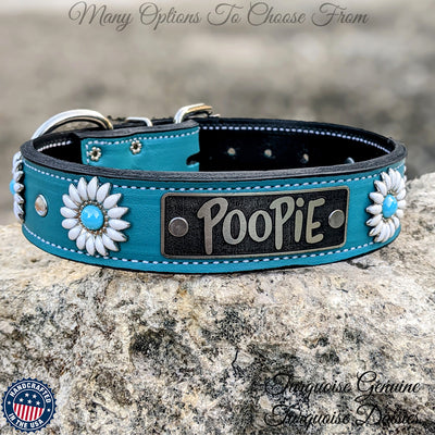 VN4 - 1.5" Wide Leather Dog Collar Personalized Name Plate Daisies Gems