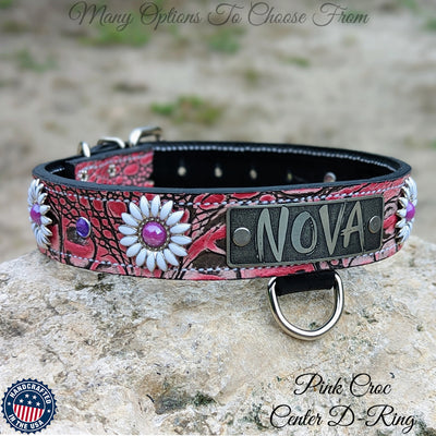 Leather Dog Collar Personalized Name Plate Daisies Gems 1.5" - VN4
