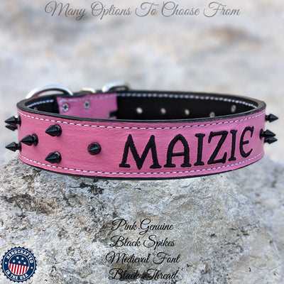 E2 - Custom Embroidered Spiked Leather Dog Collar - 1.5"