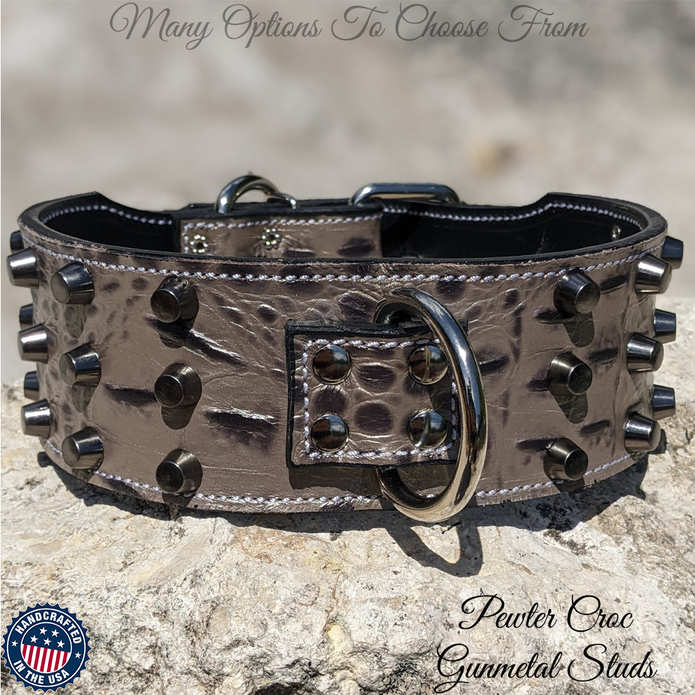 J14 - Collar para perros de cuero tachonado con forma de cubo de 2,5" de ancho