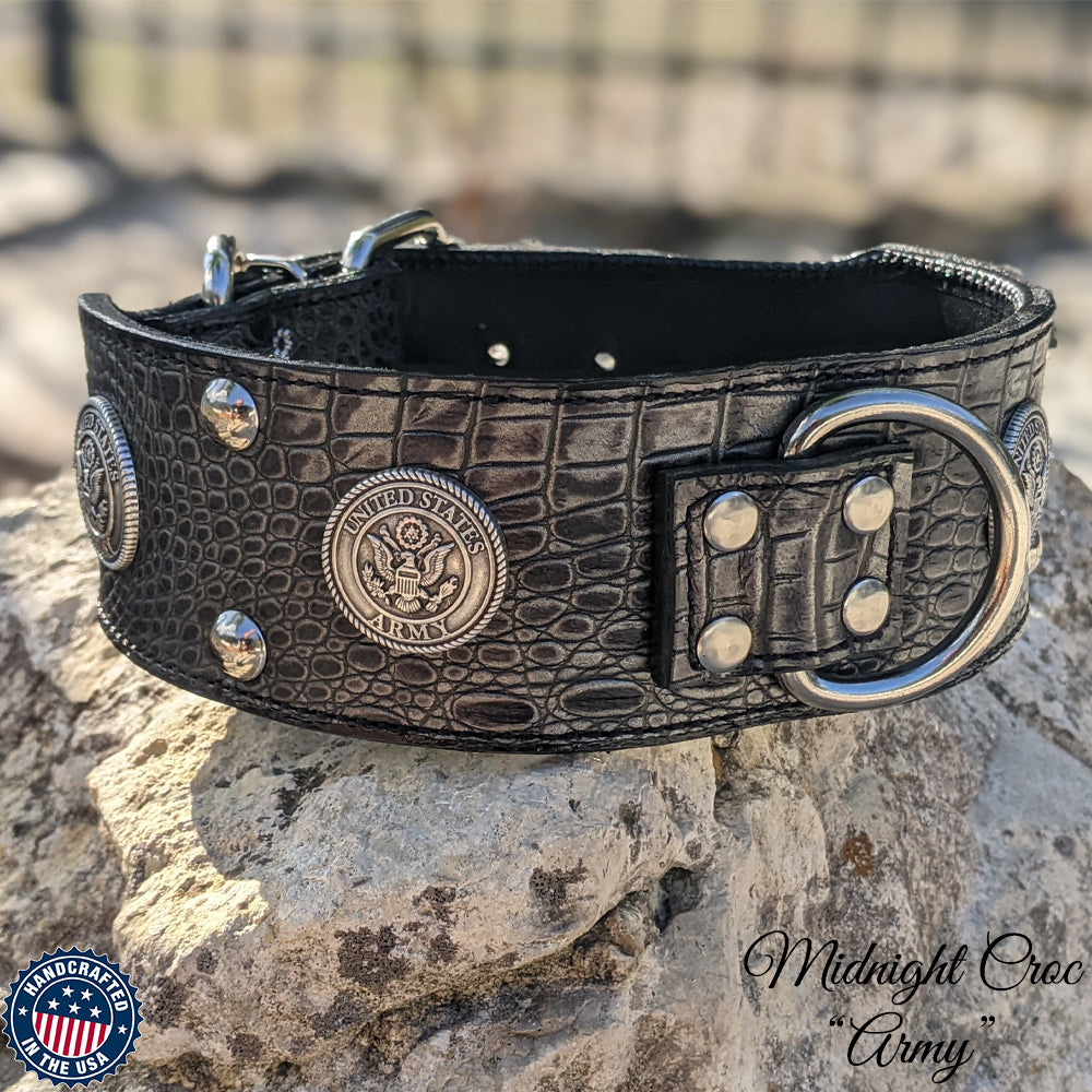 J6 - Collar de cuero para perros de 2 1/2" con temática militar