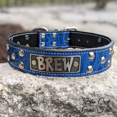 Leather Dog Collar, Personalized Name Dome Studded 1.5" Wide - N13