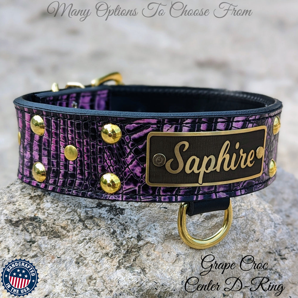 N12 - 2" Wide Leather Studded Dog Collar with Name Plate
