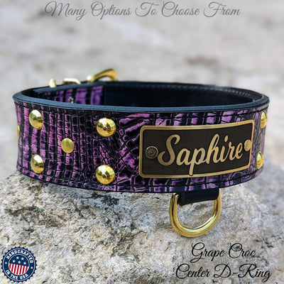 Leather Dog Collar, Personalized Name Plate Studded 2" Wide - N12