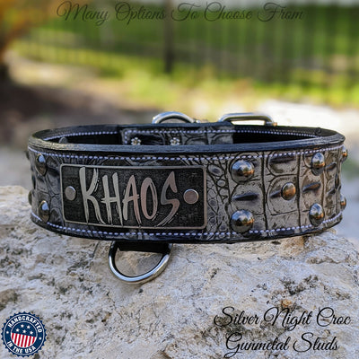 Leather Dog Collar, Personalized Name Plate Studded 2" Wide - N12