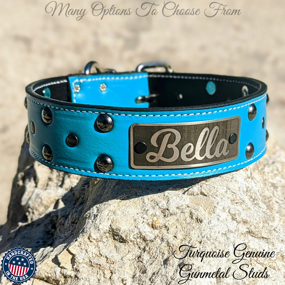 Leather Dog Collar, Personalized Name Plate Studded 2 Wide - N12