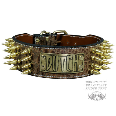 Spiked Leather Dog Collar, Personalized Name Plate, 2.5" Wide - NJ10