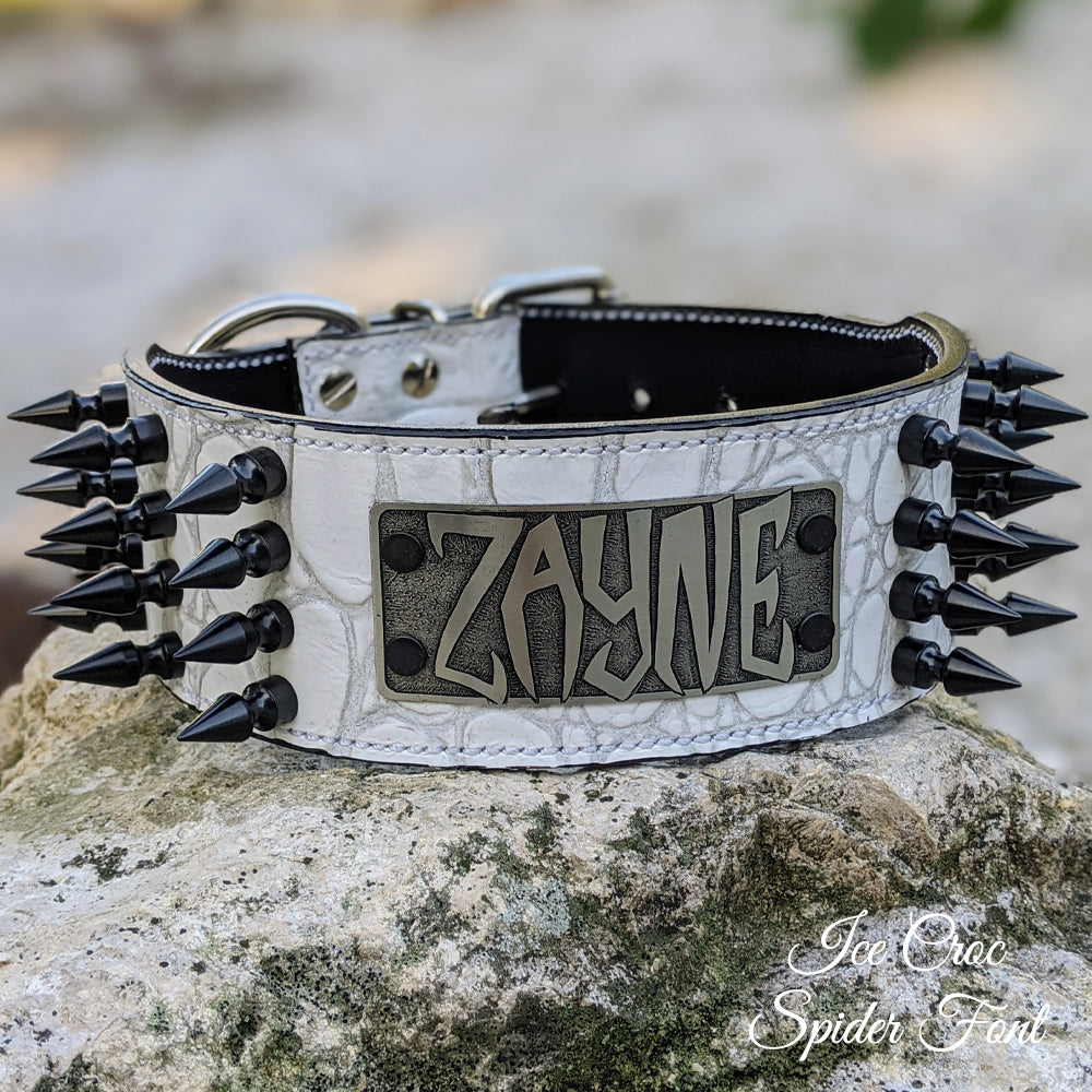 NJ10 - 2.5" Wide Spiked Leather Dog Collar with Name Plate