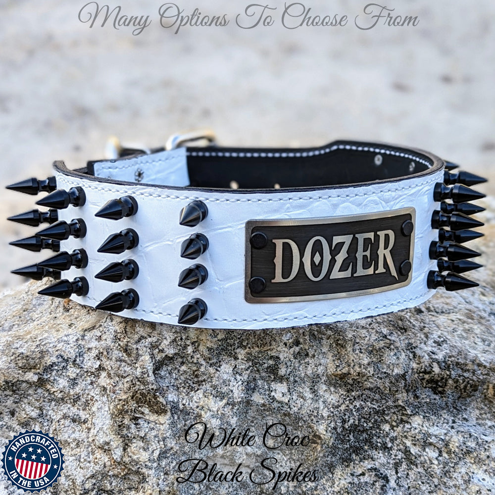 NJ10 - 2.5" Wide Spiked Leather Dog Collar with Name Plate