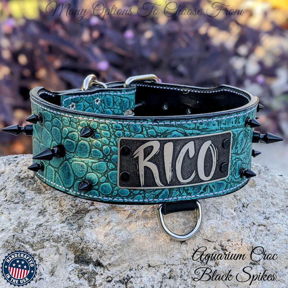 Leather Dog Collar, Personalized Name Plate Studded 2 Wide - N12