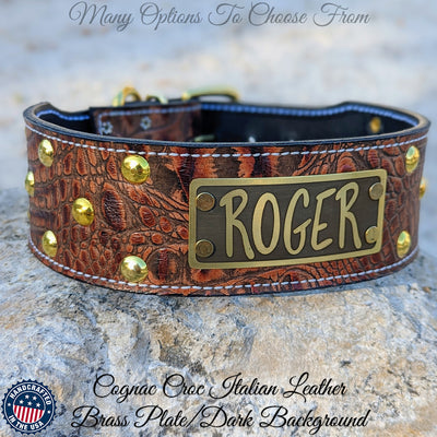 Leather Dog Collar Personalized Nameplate Studded 2.5" Wide - NJ3