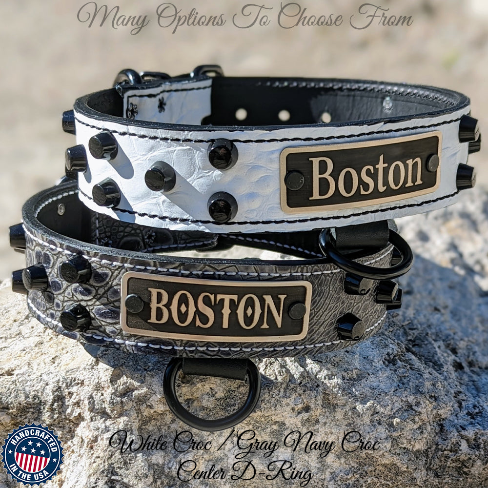 NV44 - Collar de cuero para perro de 1,5" de ancho con placa de identificación y tachuelas