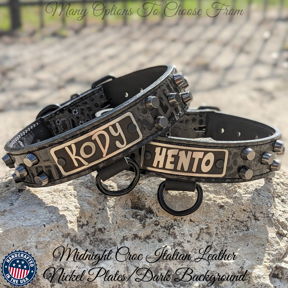 NV44 - Collar de cuero para perro de 1,5" de ancho con placa de identificación y tachuelas