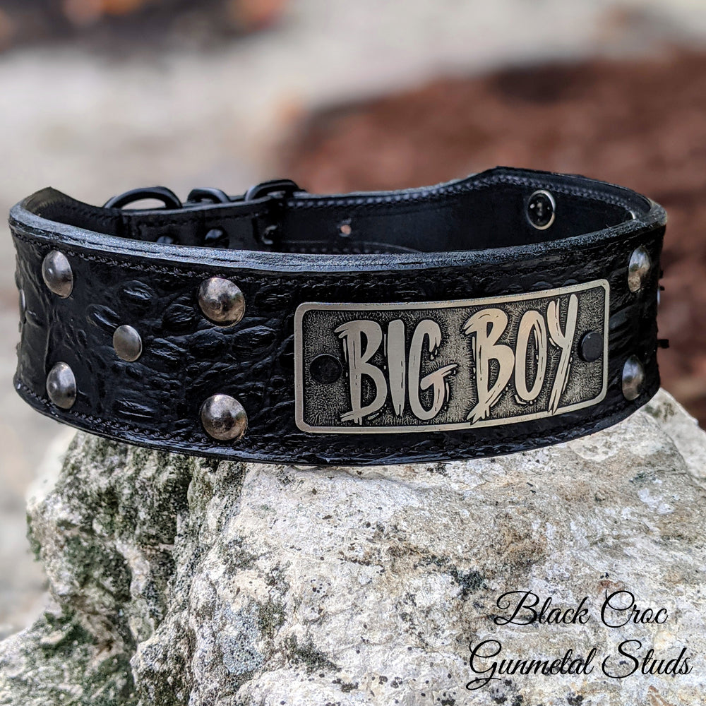TW12 - 2" Wide Tapered Leather Studded Dog Collar with Name Plate