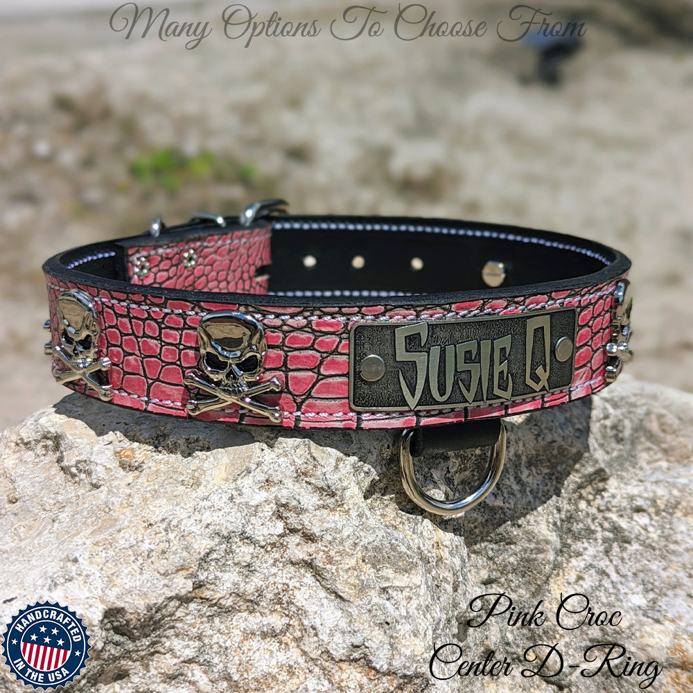 VN47 - Collar de cuero personalizado para perros de 1,5" de ancho con calavera y huesos cruzados
