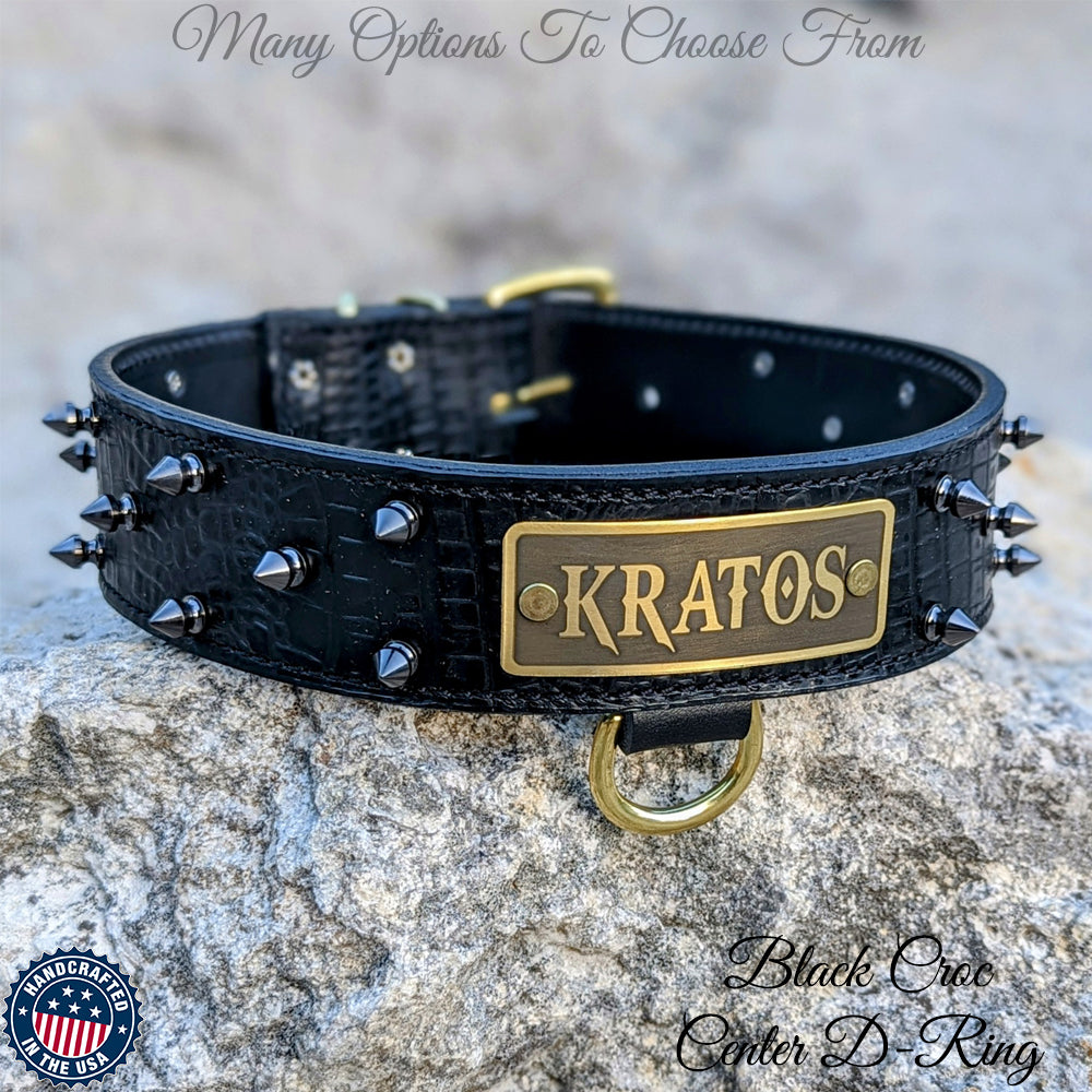 W46 - 2" Spiked Leather Dog Collar with Personalized Name Plate