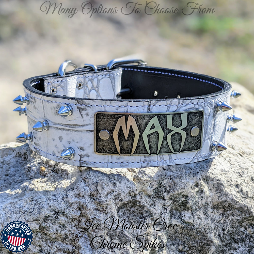 W46 - 2" Spiked Leather Dog Collar with Personalized Name Plate