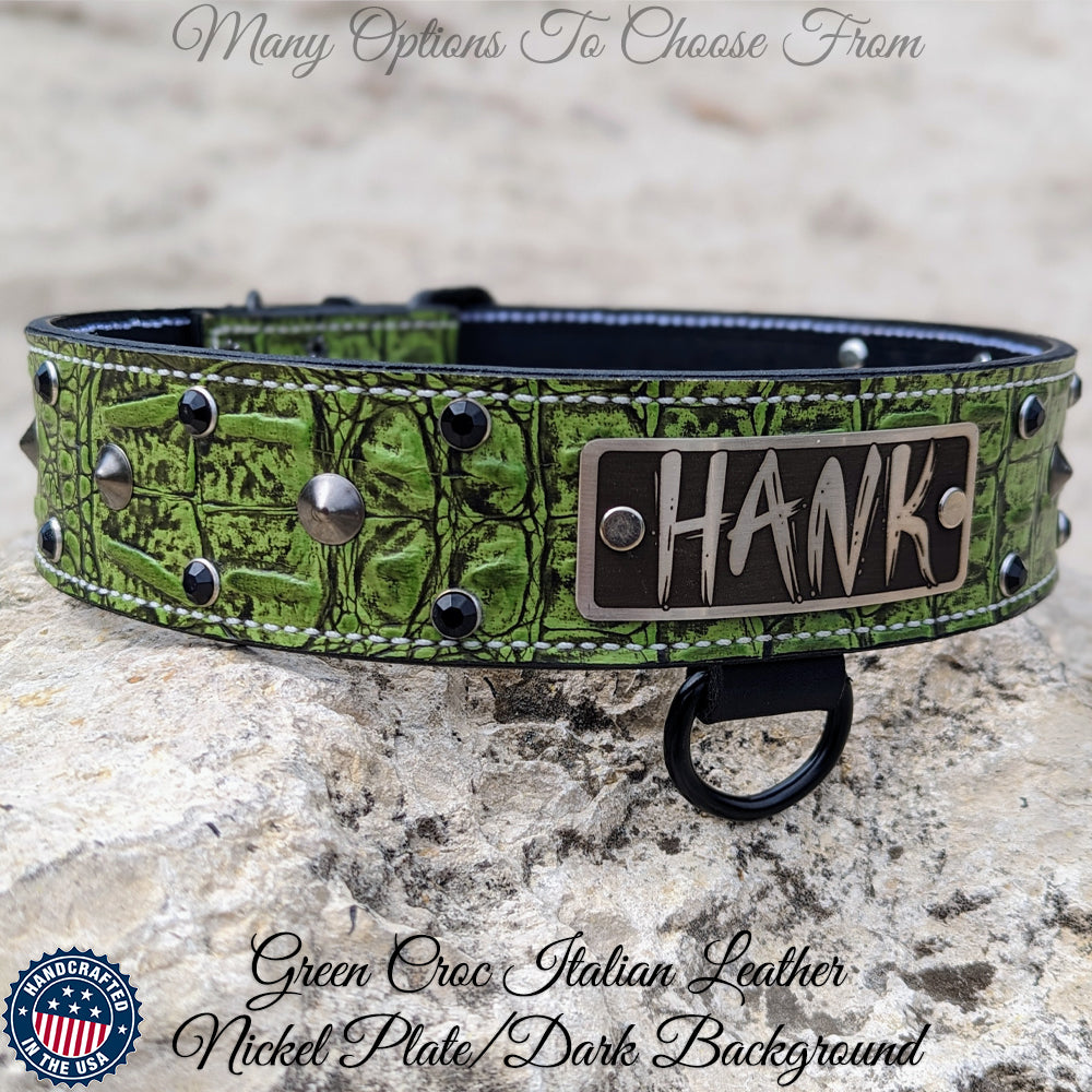 WN3 - 2" Leather Dog Collar with Name Plate, Studs & Gems