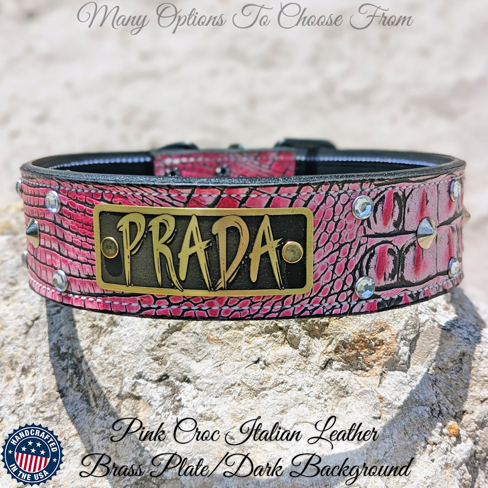 WN3 - 2" Leather Dog Collar with Name Plate, Studs & Gems