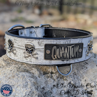 WN6 - 2" Personalized Name Plate Leather Dog Collar with Skulls & Crossbones