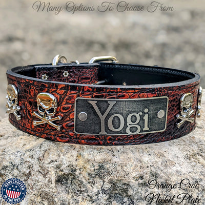 WN6 - 2" Personalized Name Plate Leather Dog Collar with Skulls & Crossbones