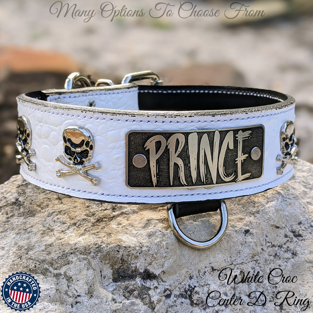 WN6 - 2" Wide Leather Dog Collar with Name Plate, Skulls & Crossbones