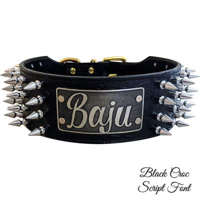 Spiked Leather Dog Collar Personalized Name Plate Strong 3" Wide - NX53