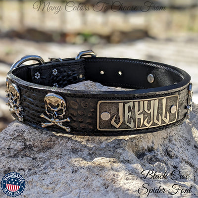 VN47 - 1.5" Wide Personalized Leather Dog Collar with Skull & Crossbones