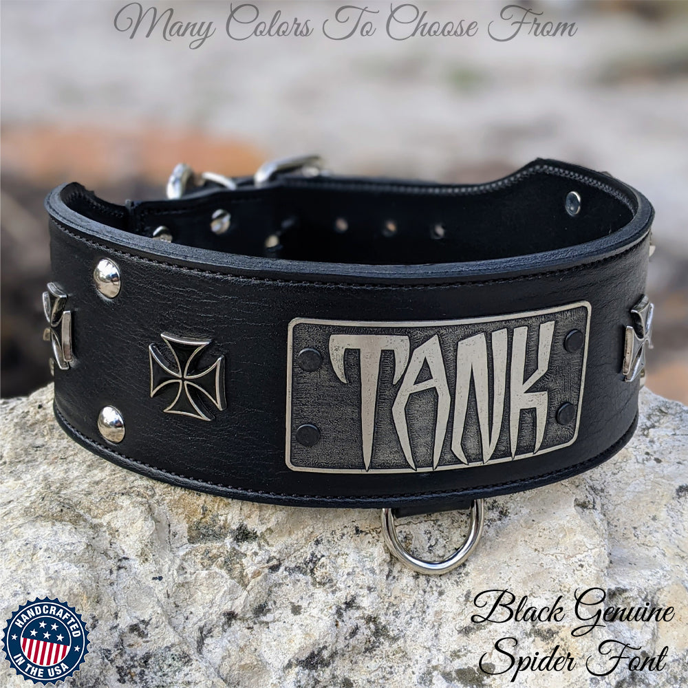 X65 - 3" Wide Personalized Leather Dog Collar with Iron Maltese Crosses