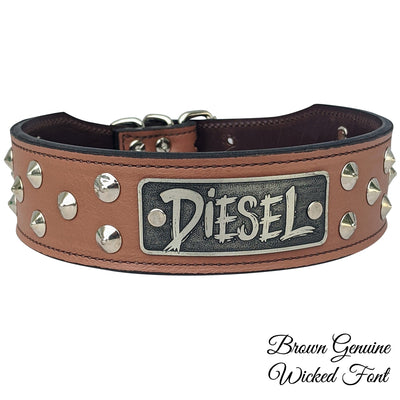 Leather Tapered Dog Collar Name Plate with Studs 2 Wide N5 Pit Bull Gear