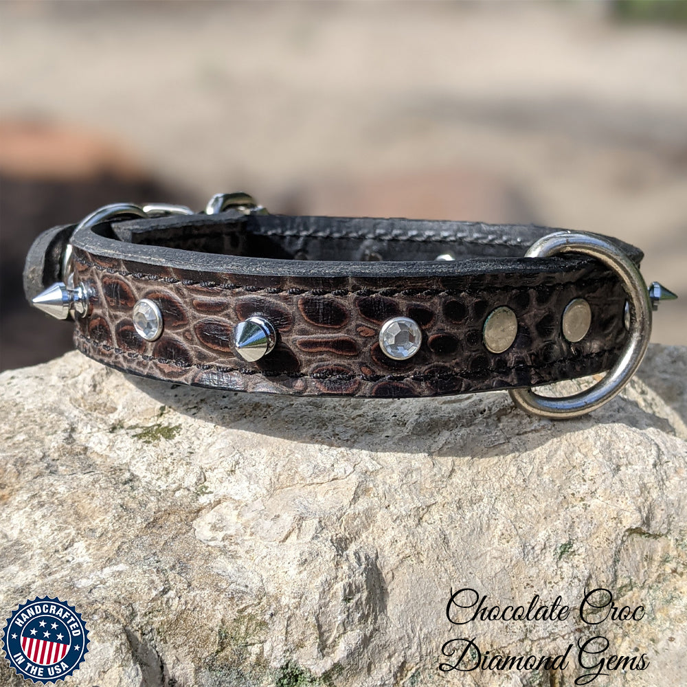 U18 - 1" Wide Spikes & Gems Leather Dog Collar