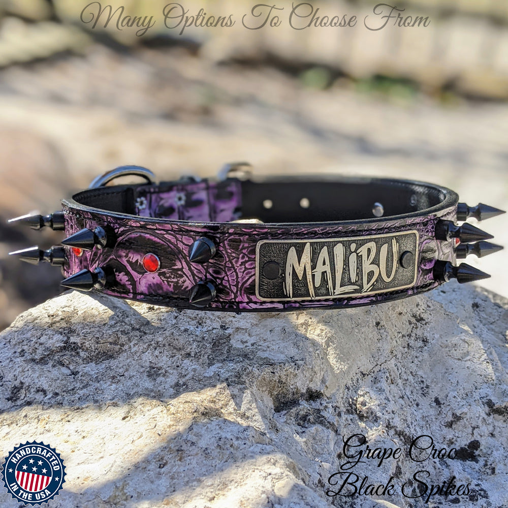 V26 - Collar de cuero personalizado con púas y gemas de 1 1/2"