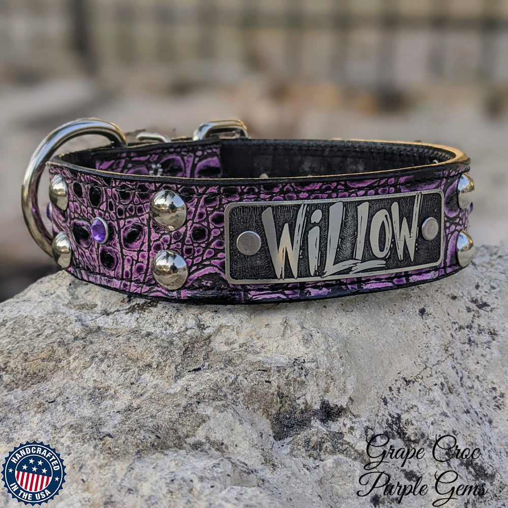 V20 - 1.5" Wide Personalized Leather Dog Collar Studs & Gems