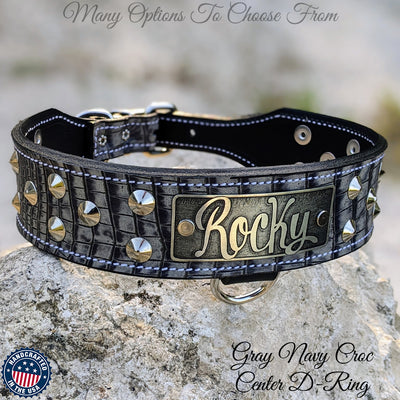 Leather Tapered Dog Collar Name Plate with Studs 2" Wide - N5