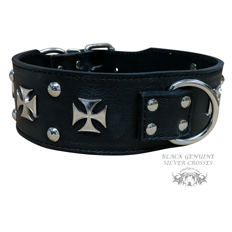 J16 - Collar para perro de cuero tachonado con cruz de Malta de 2 1/2"