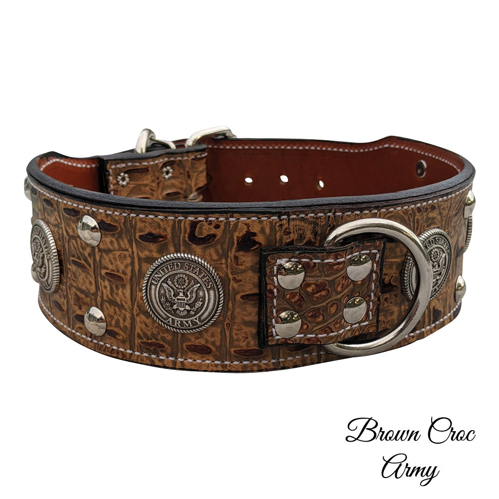J6 - Collar de cuero para perros de 2 1/2" con temática militar