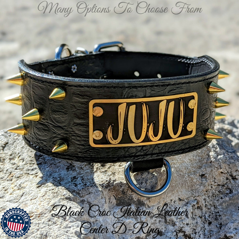 Leather Dog Collar, Personalized Name Plate Studded 2 Wide - N12