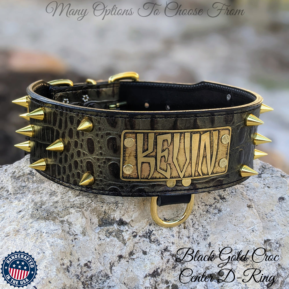 Spiked Leather Dog Collar Personalized Nameplate - 2.5" Wide - JN1