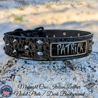 Leather Dog Collar Personalized name Plate Cone Studded Collar 1.5' Wide - VN1