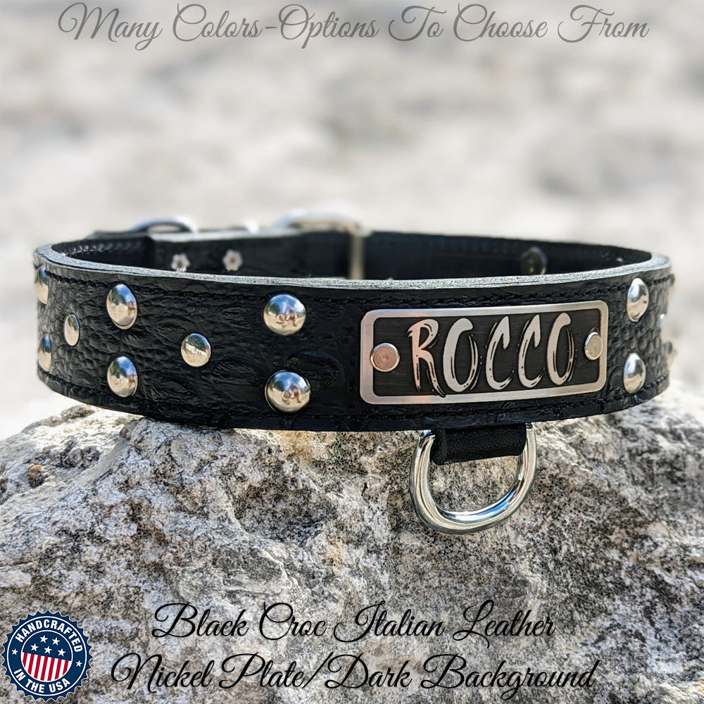 N10 - Collar de cuero para perro de 1,5" de ancho con placa de identificación personalizada y tachuelas