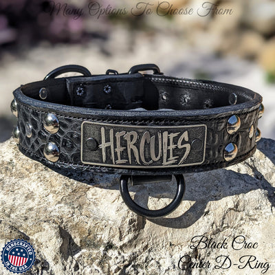 N10 1.5 Wide Leather Dog Collar Personalized Name Plate Studded
