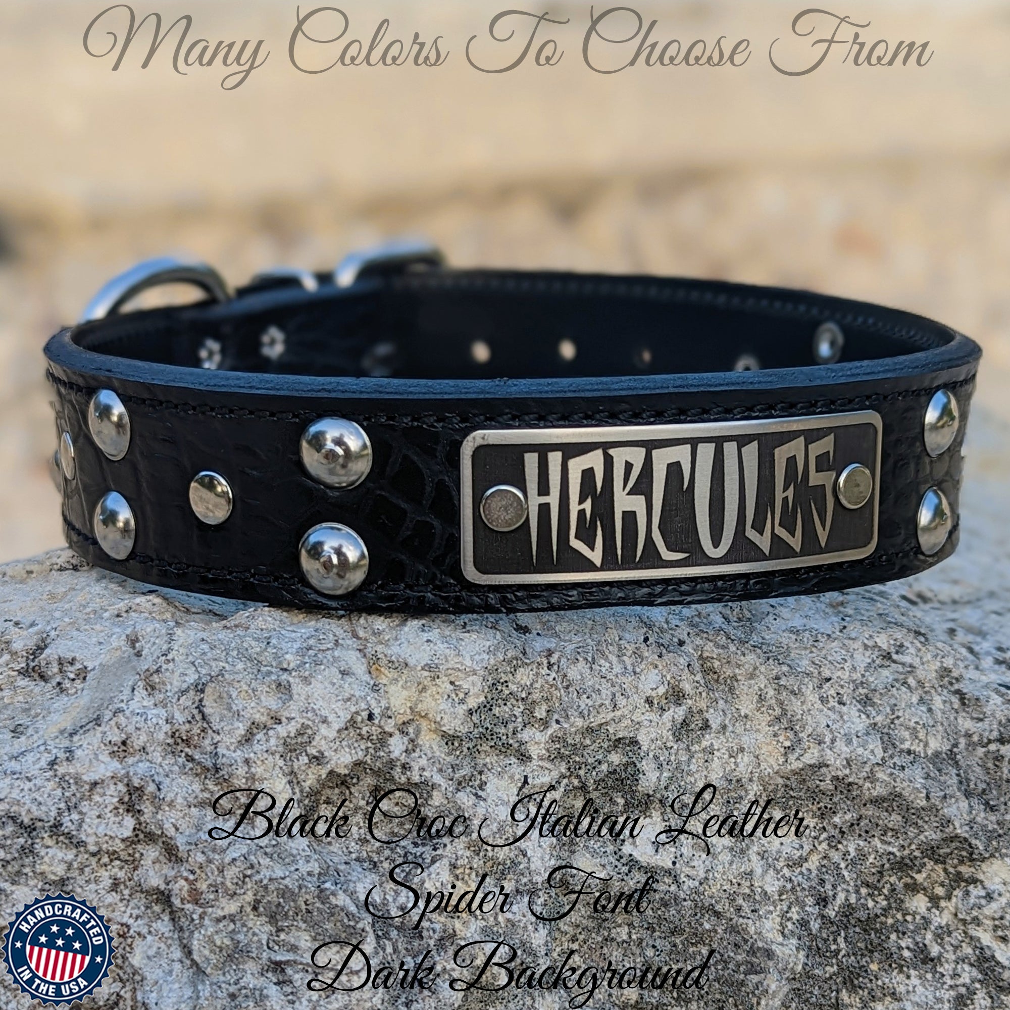 N10 - 1.5" Wide Leather Dog Collar Personalized Name Plate Studded